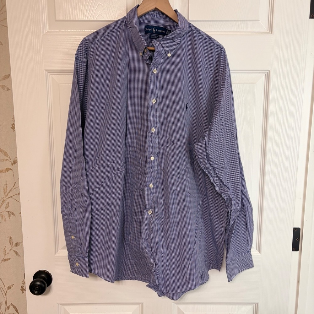 Ralph Lauren Yarmouth Mens 17.5 36/37 Blue Gingham Cotton Button Down Shirt